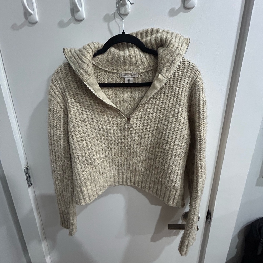 Sincerely Jules Cropped Ribbed Half-Zip Sweater - Cream